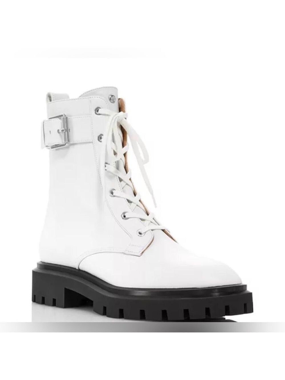 NIB Stuart Weitzman Ultra Lug Buckle White Leather Combat Boots